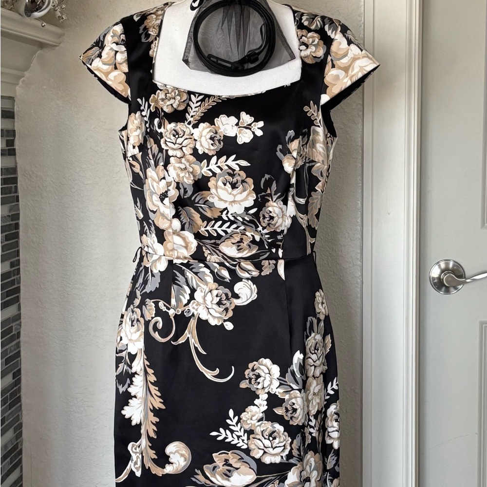 White House Black Market Black and Cream Floral Midi Dress